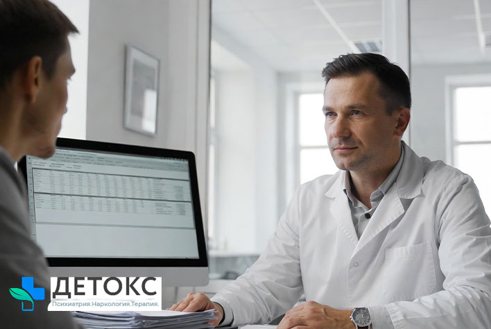 Врач-невролог консультирует пациента о несовместимости Атаракса с алкоголем