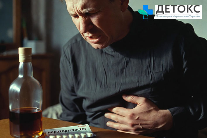 Мужчина ощущает боль в области живота от совмещения Гептрала и алкоголя